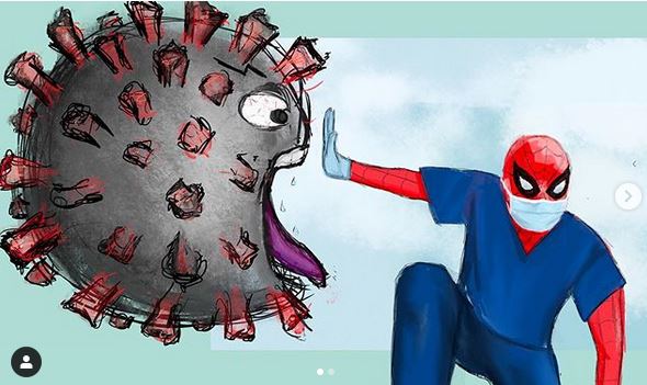 Winning drawing of Spiderman fighting the Coronavirus